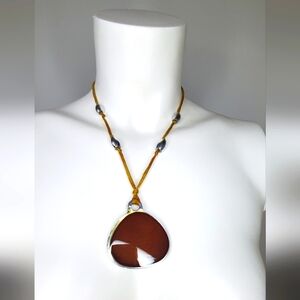 MDP -necklace - designer jewelry- fabric cord -metal&acrylic charm- Like-new